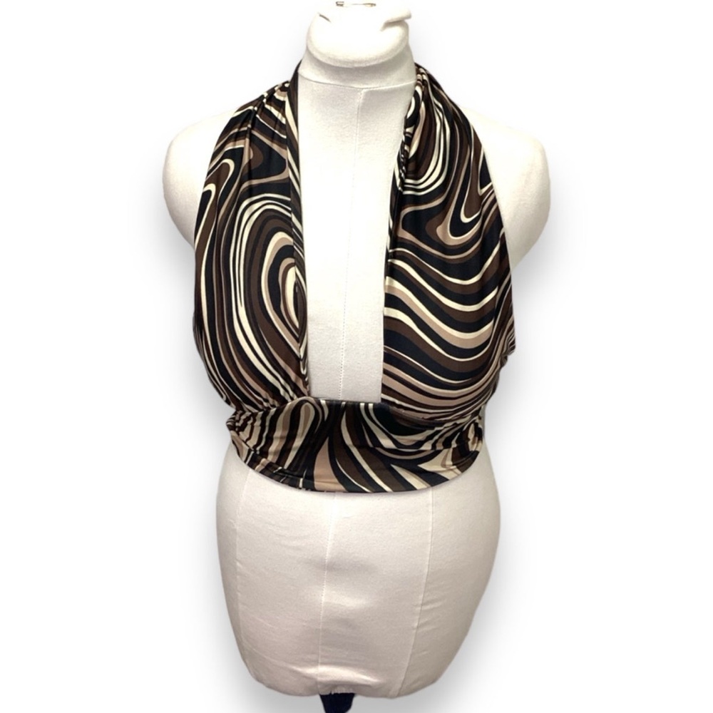 The Copper Closet Women’s Wavy Backless Halter Y2K Retro 70s Brown Tan Black M - Picture 4 of 10
